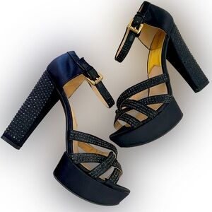 Michael Kors Enola open toe ankle strap Platform heels black Satin Rhine 10.5m